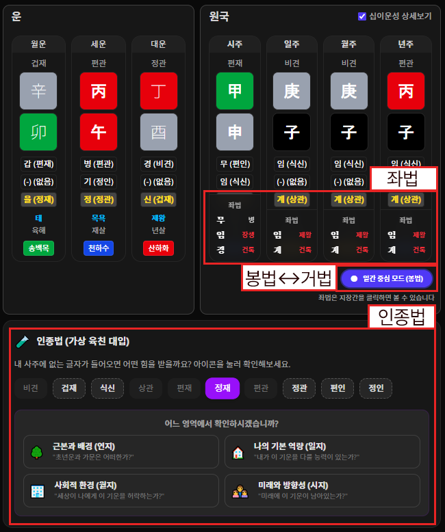 화림만세력 십이운성 봉법·거법·인종법 선택 UI